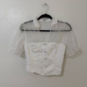 Reformation White Sheer Yoke Corset-Style Blouse